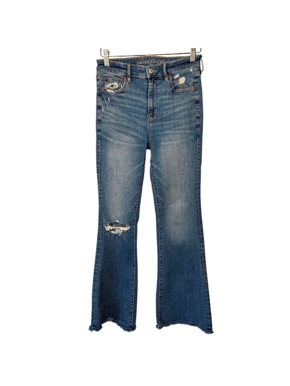 American Eagle Super Hi-Rise Flare Jeans Distressed Raw Hem Med Wash Size 4